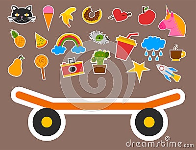 Hipster patches elements like lips, ok sign and diamond hand drawn vector cute fashionable stickers pop art sketch pins. Vector Illustration