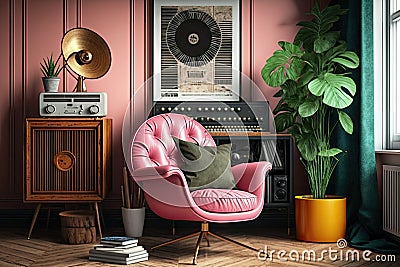 hipster pink armchair in eclectic room with vinyl record player and vinyl records Stock Photo