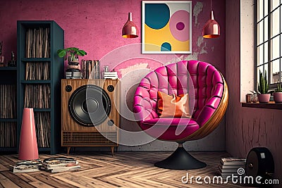 hipster pink armchair in eclectic room with vinyl record player and vinyl records Stock Photo