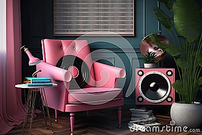 hipster pink armchair in eclectic room with vinyl record player and vinyl records Stock Photo