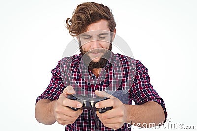 Hipster playing video game Stock Photo