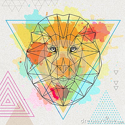 Hipster polygonal animal lion on watercolor background Vector Illustration