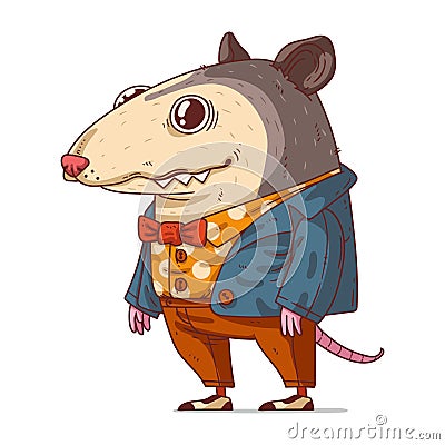 A Hipster Possum, isolated vector illustration. A dressed animal art. Drawn animal sticker. Vector Illustration