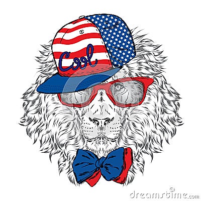 Hipster. Poster . Print . Greeting card with animals. Lion in cap and glasses. Vector Illustration