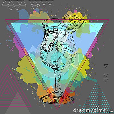 Hipster realistic and polygonal cocktail blue hawaii on watercolor background Vector Illustration