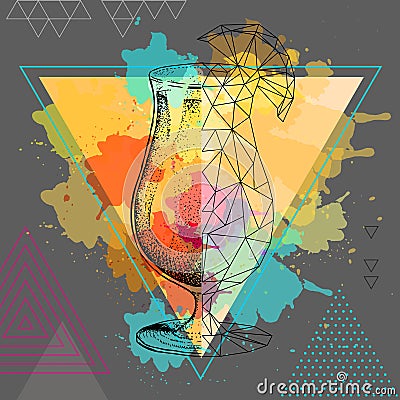 Hipster realistic and polygonal cocktail tequila sunrise on watercolor background Vector Illustration