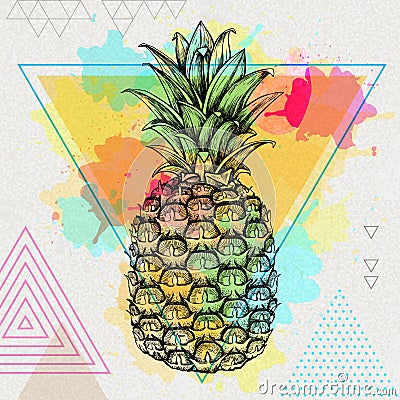 Hipster realistic tropic fruit pineapple on triangle watercolor background Vector Illustration