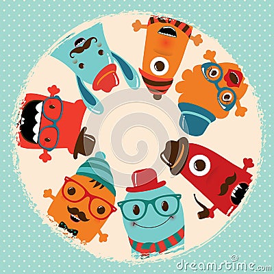 Hipster Retro Monsters Card Design Vector Illustration