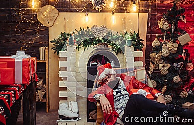 Hipster santa claus. After party new year: festive champagne. Christmas Celebration holiday. New year party. Santa drunk Stock Photo