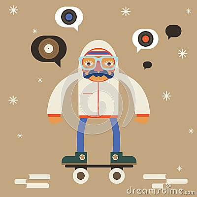 Hipster on scateboard Cartoon Illustration