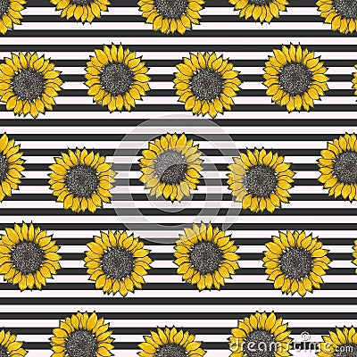 Hipster pattern with sunflowers on striped black Vector Illustration