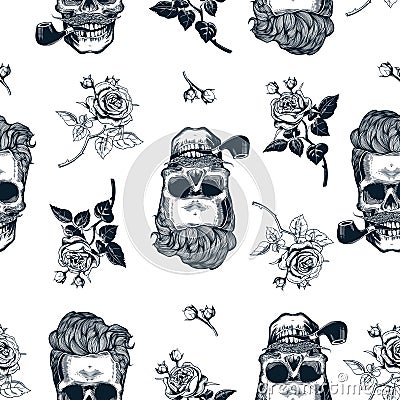 Hipster seamless pattern with skulls silhouettes, flowers roses. Sculls in vintage engraving style. Mustache, beard Vector Illustration