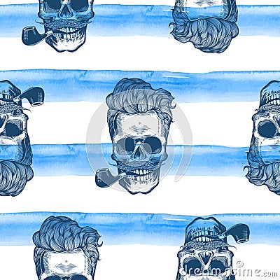 Hipster seamless pattern with skulls silhouettes watercolor stripes at the background. Vector Illustration