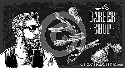 Hipster shave haircut in the BarberShop. Vector black and white illustrations and typography elements. Vector Illustration