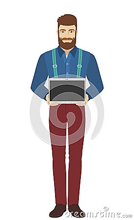 Hipster showing blank digital tablet PC Vector Illustration