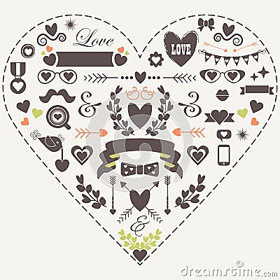 Hipster silhouette love and romantic icons set Vector Illustration