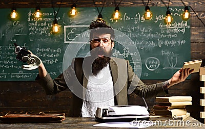 Hipster is solving math exam, Conference training planning learning business coaching concept, Desire to help should be Stock Photo