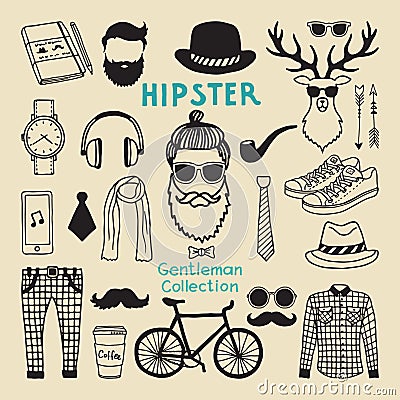 Hipster style elements set of male character. Hand drawn funky elements for your design project Vector Illustration