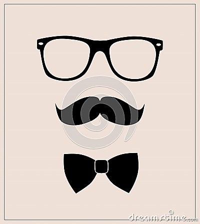 Geek face. Hipster style set bowtie, glasses and mustaches. vector abstract illustration background. Mens look Vector Illustration