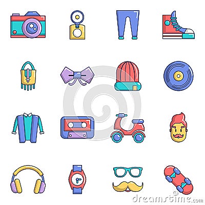 Hipster symbols icons set, cartoon style Vector Illustration