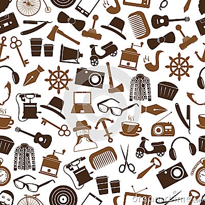 Hipster theme and culture set of vector icons in seamless brown pattern eps10 Vector Illustration