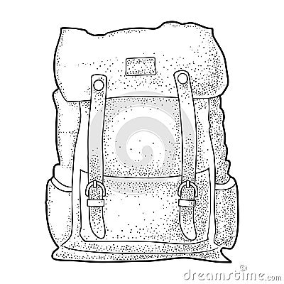 Hipster tourist backpack. Front view. Vector black vintage engraving Vector Illustration