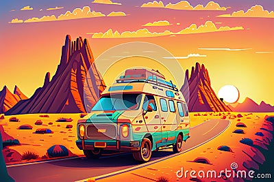 hipster tourist bus in the desert illustration. Generative AI Cartoon Illustration