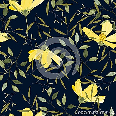 Hipster travel leaf seamless pattern. Hand drawn blue vector background. Vintage floral print of big yellow flowers cosmey Vector Illustration