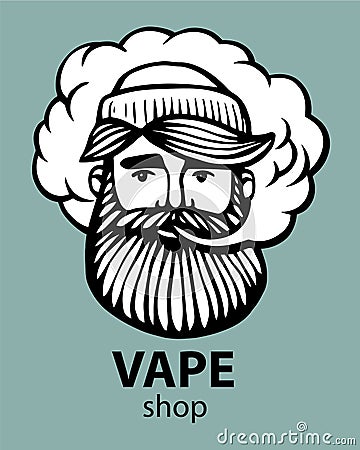 Hipster with vape and cloud. isolated vaper men on black vector background. Hand-drawn hipster dude with mustache and Vector Illustration