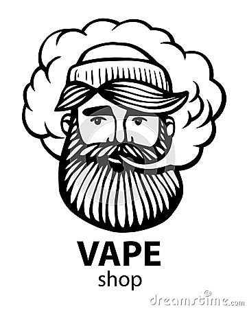 Hipster with vape and cloud. isolated vaper men on black vector background. Hand-drawn hipster dude with mustache and Vector Illustration