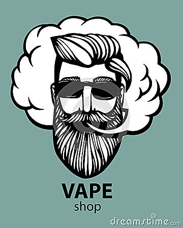 Hipster with vape and cloud. isolated vaper men on black vector background. Hand-drawn hipster dude with mustache and Vector Illustration