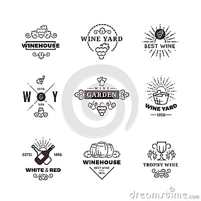 Hipster wine making grape vector labels, logos, emblems set Vector Illustration