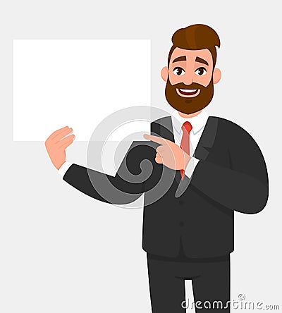 Hipster young businessman showing blank white poster and pointing finger. Happy trendy person holding empty banner. Vector Illustration