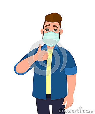 Hipster young man covering face with medical mask and showing thumbs up symbol. Person wearing hygienic facial protection Vector Illustration