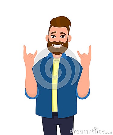 Hipster young man gesturing, doing or making rock and roll symbol or sign with hands up with crazy expression. Modern lifestyle. Vector Illustration