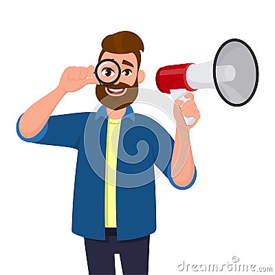 Hipster young man looking through magnifying glass or magnifier and holding megaphone or loudspeaker. Bearded person seeing. Vector Illustration