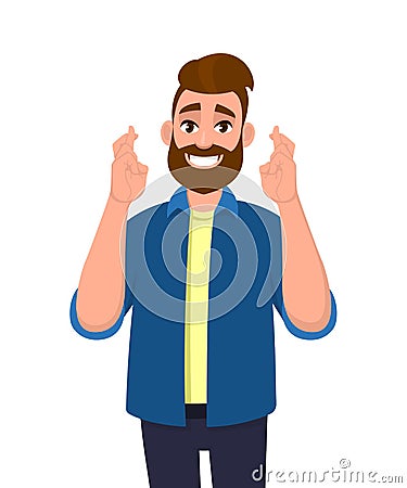 Hipster young man showing hopeful gesture sign with fingers crossed. Trendy bearded person making believe or wish symbol Vector Illustration