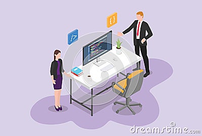 Hire programmer or software developer vacancy concept with empty chair and work desk program with isometric - vector Cartoon Illustration