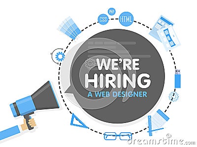 We hire a web designer. Megaphone concept vector illustration. Banner template, ads, search for employees, hiring Vector Illustration