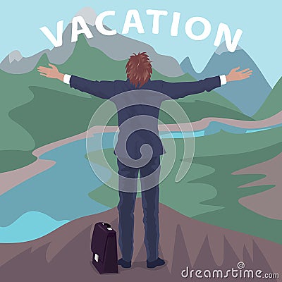 Hired employee in suit standing in front of cliff Vector Illustration