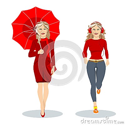 Two girls in red one with an umbrella another running around Vector Illustration