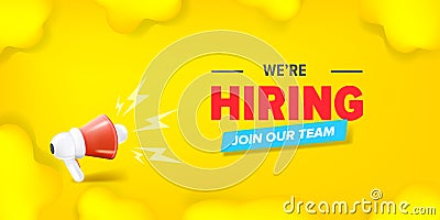We are hiring advertising horizontal banner with a megaphone on yellow background. Banner with a megaphone for promoting Vector Illustration