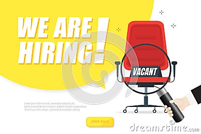 We are hiring, banner concept, vacant position. Empty office chair as a sign of free vacancy isolated on a white Vector Illustration