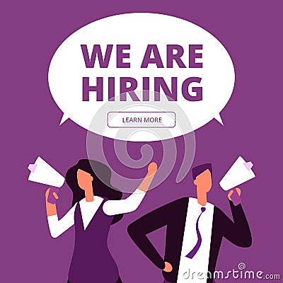 We are hiring concept. Business recruitment vector . Man and woman with megaphone Vector Illustration