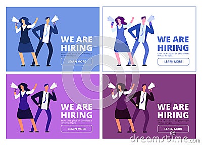 We are hiring concept. Man and woman with megaphone shouting for interview. Business recruitment vector background Vector Illustration