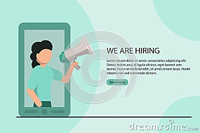 We are hiring concept poster. Woman with megaphone announces vacancy from mobile screen. Stock flat vector illustration Vector Illustration