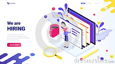 We are hiring concept for website, landing, page, banner. Web design concept. Trendy isometric illustration with tiny chara Cartoon Illustration