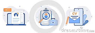 Hiring employment illustration set. Online job interview, HR managers searching potential job candidates and analyzing CV, applyin Cartoon Illustration
