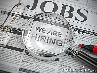 We are hiring. Job search and employment concept. Magnified glass with jobs classified ads in newspaper Cartoon Illustration