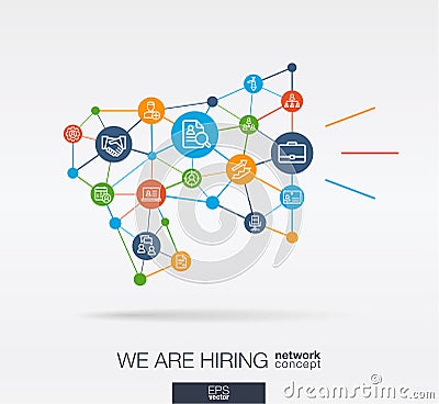 We are hiring, Job search integrated thin line icons in megaphone message shape. Digital neural network concept. Vector Illustration